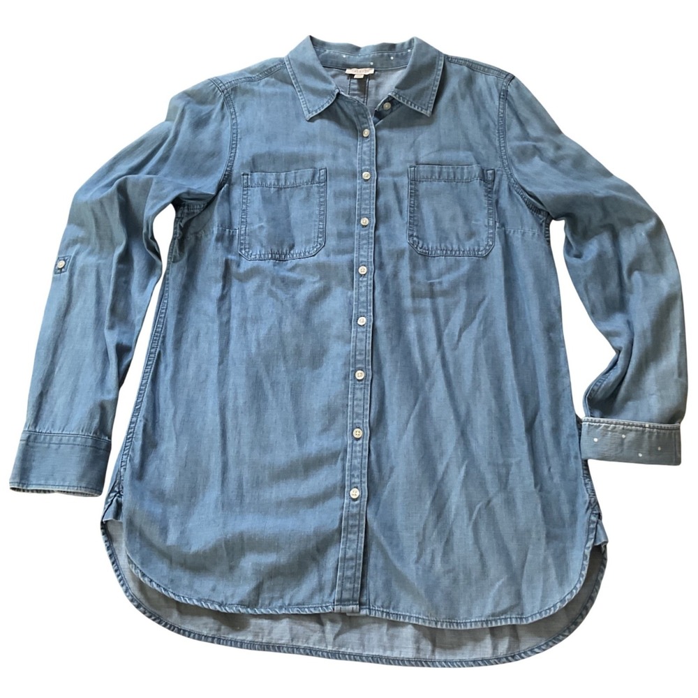 Talbots Womens‎ Blue Tencel Denim Button Down Shirt Light Wash Polka Dot Trim M